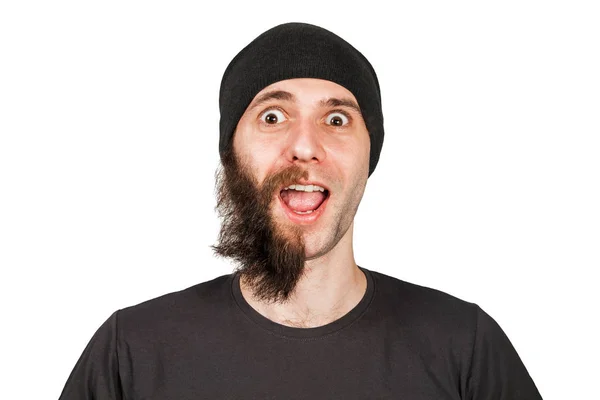 Young guy in hat with half shaved beard. Isolated on a white background. — Stock Photo, Image