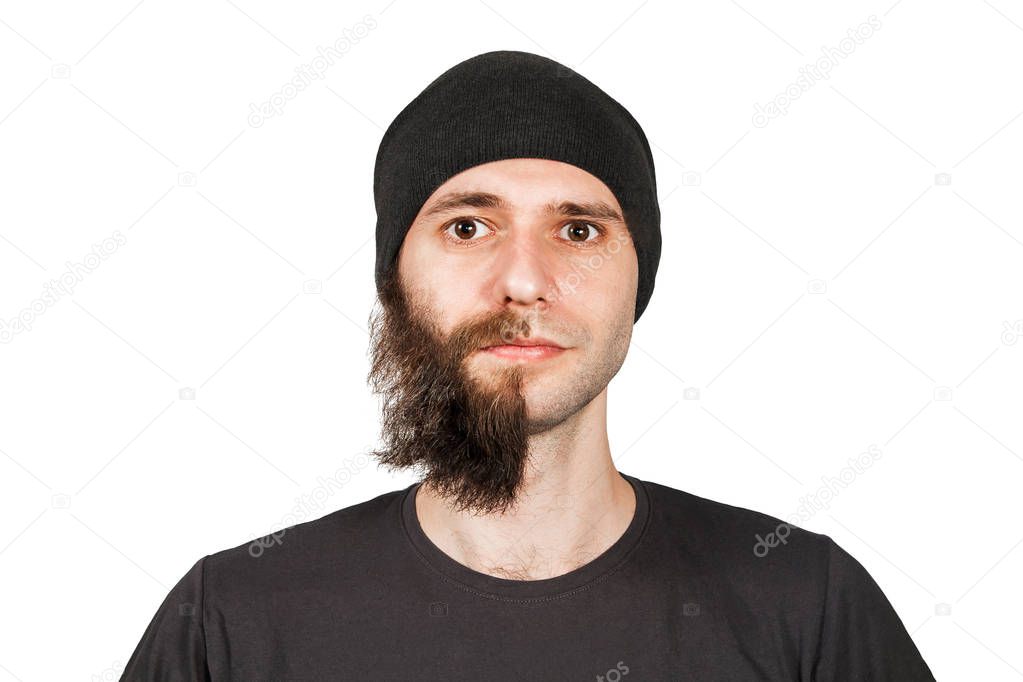 Young guy in hat with half shaved beard. Isolated on white background.