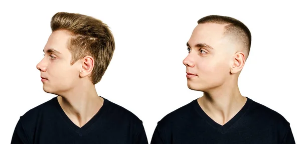 Retrato de cara jovem antes arter corte de cabelo césar e pompadour no perfil desbotar lado, isolado em um fundo branco . — Fotografia de Stock