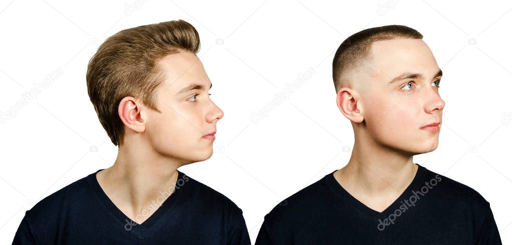 Portrait of young guy before arter haircut caesar and pompadour in profile fade side, isolated on a white background.
