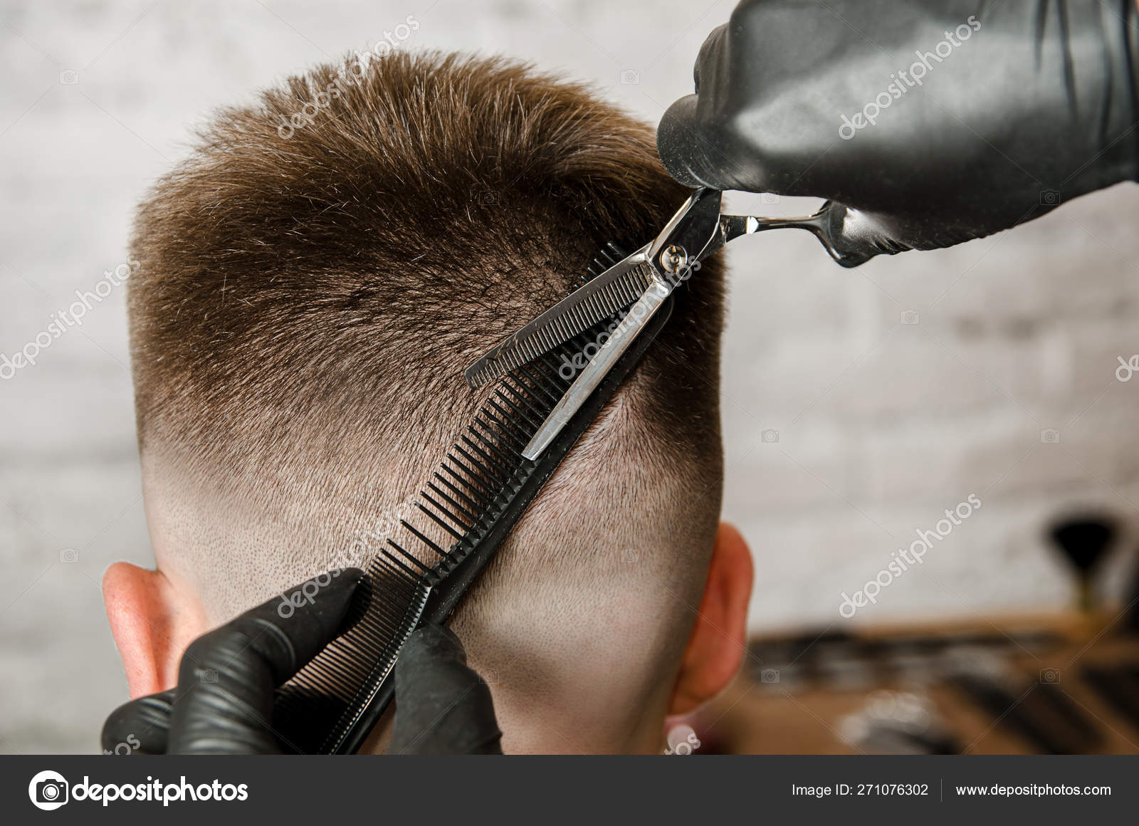 Barber hand in gloves cut hair and shaves young man on a brick wall background. Close up side portrait of a guy, back view Stock Photo by ©gum92 271076302 Barber hand in gloves cut hair and shaves young man on a brick wall background. Close up side portrait of a guy, back view Stock Photo by ©gum92 271076302