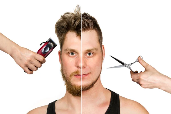 Kerl auf weißem isolierten Hintergrund vor und nach dem Haarschnitt — Stockfoto