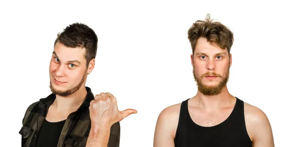 Un joven con barba y sin barba. Hombre antes y después del afeitado, corte de pelo. set Aislado sobre fondo blanco —  Fotos de Stock