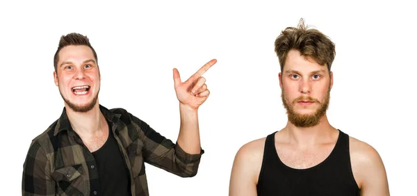 Un joven con barba y sin barba. Hombre antes y después del afeitado, corte de pelo. set Aislado sobre fondo blanco — Foto de Stock