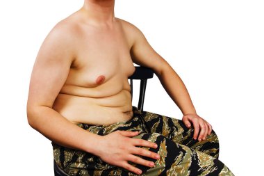Body of young man with excess weight, keep belly fat, isolated on white background. clipart