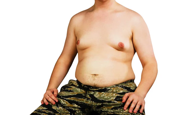 Тело молодого человека с избыточным весом, держать жир живота, изолированные на белом фоне . — стоковое фото