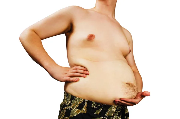 Body fiatal férfi a túlsúly, tartsa hasa zsír, elszigetelt fehér háttér. — Stock Fotó
