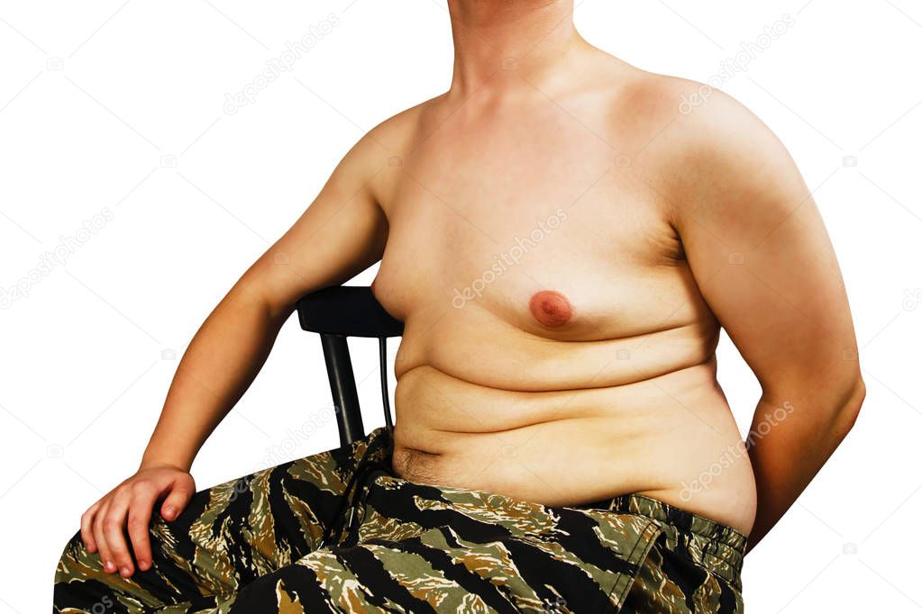 Body of young man with excess weight, keep belly fat, isolated on white background.