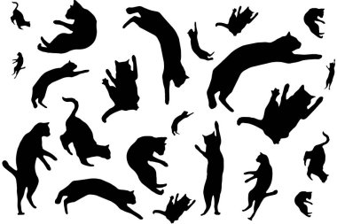 Soyut lanmış beyaz bir arka plan üzerinde uçan ve dans eden komik mutlu zencefil siluet kedi vektör kroki