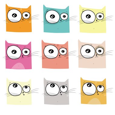 Vektör çizilen Kroki: farklı kedi uçan ve duygularla dans desen: üzgün, komik, ağlamak, izole bir arka plan üzerinde gülmek