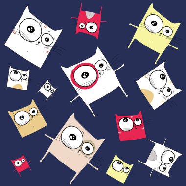 Vektör çizilen Kroki: farklı kedi uçan ve duygularla dans desen: üzgün, komik, ağlamak, izole bir arka plan üzerinde gülmek