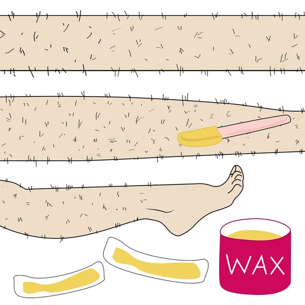 Esboço desenhado em vetor: mulher remove o cabelo das pernas peludas com depilação shugaring em um fundo isolado — Vetor de Stock