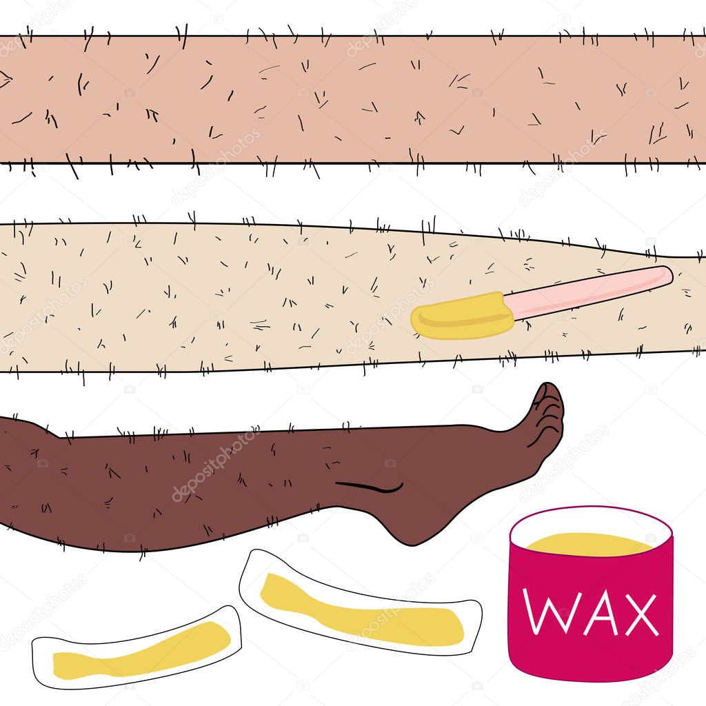Sketch drawn in vector: woman removes hair from hairy legs with waxing shugaring on an isolated background