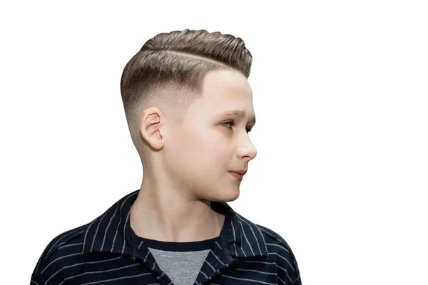 Stylish modern retro haircut side part with mid fade with parting of a schoolboy guy in a barbershop on an isolated white background — Stock Photo, Image