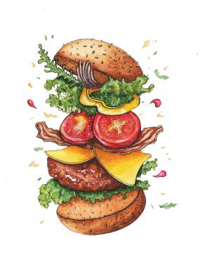 Parçalı uçan bir hamburgerin eskiz çizimi ve suluboya malzemelerle izole edilmiş beyaz bir arkaplan üzerine çizilmiş.