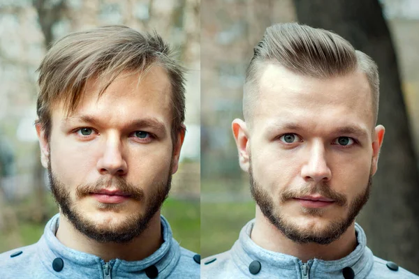 Cara Careca Antes Depois Corte Cabelo Conceito Para Uma Barbearia — Fotografia de Stock