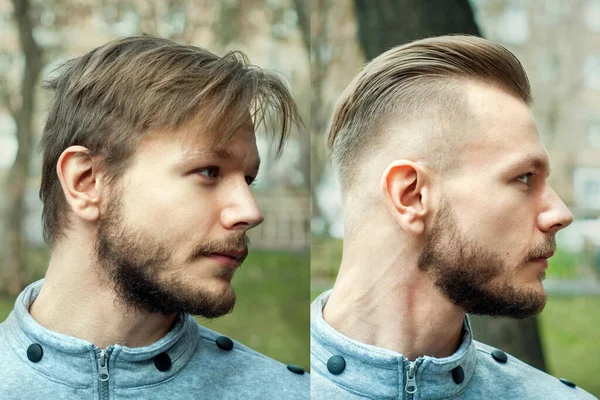 Homem Careca Antes Depois Corte Cabelo Conceito Para Uma Barbearia — Fotografia de Stock