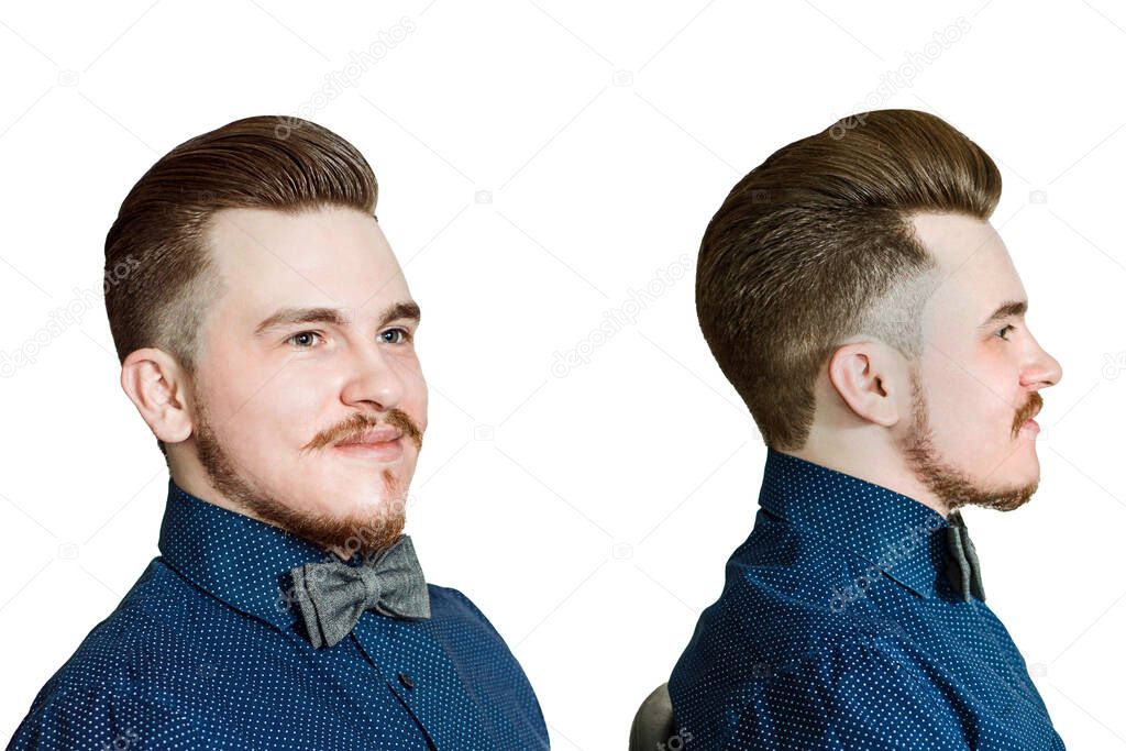 Young man with pompadour haircut, dressed in blue shirt with serious face. real photo hair for barbershop, set isolated.