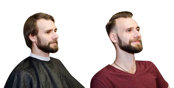 Ragazzo Barbuto Prima Dopo Taglio Capelli Concetto Negozio Barbiere Problema — Foto Stock