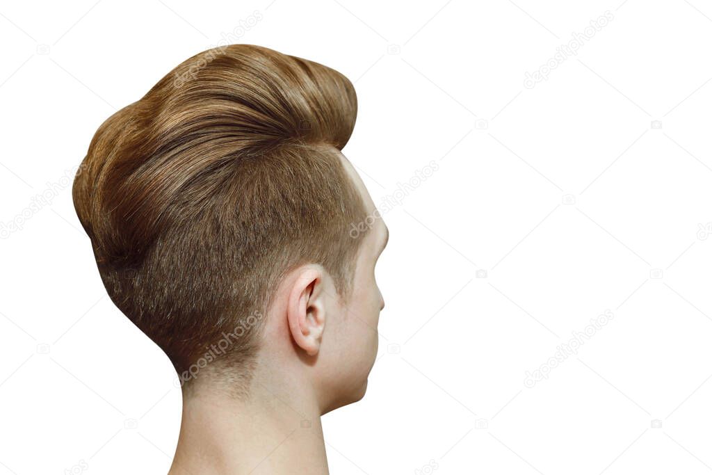 Young ginger man with pompadour haircut, real photo hair for barbershop old fashioned, isolated.