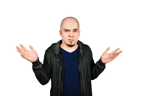 Verward Jonge Kale Man Met Alopecia Shrugs Geïsoleerd Witte Achtergrond — Stockfoto