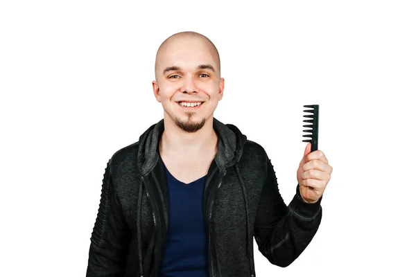 Junger Mann Mit Glatze Und Kamm Isoliert Auf Weißem Hintergrund — Stockfoto