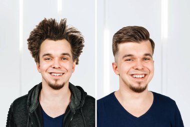 Shaggy young guy with long hair before and after haircut in barbershop clipart