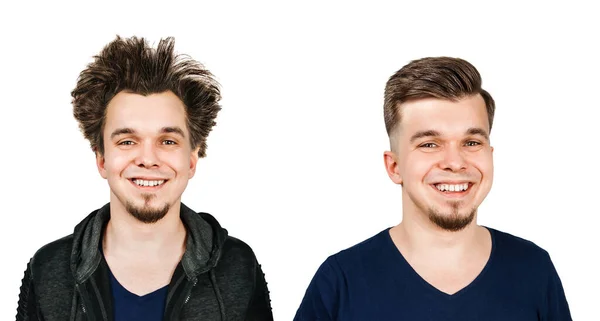 Jovem Desgrenhado Com Cabelo Comprido Antes Depois Corte Cabelo Barbearia — Fotografia de Stock