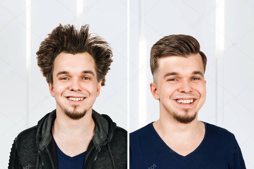 Shaggy young guy with long hair before and after haircut in barbershop