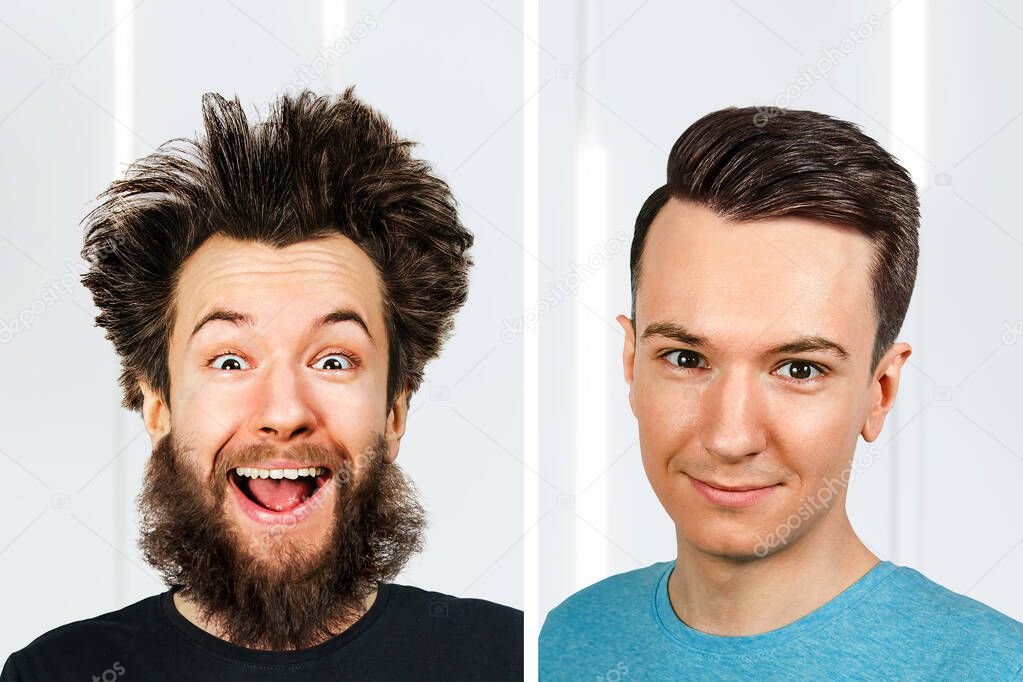 Shaggy bearded young guy with long hair before and after haircut in barbershop