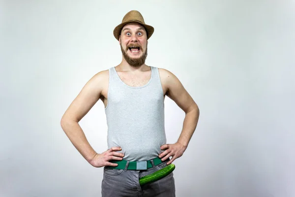 Man Imitates Penis Cucumber Concept Men Health Potency Large Size — Stok fotoğraf