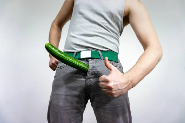 Man Imitates Penis Cucumber Concept Men Health Potency Large Size — Stockfoto
