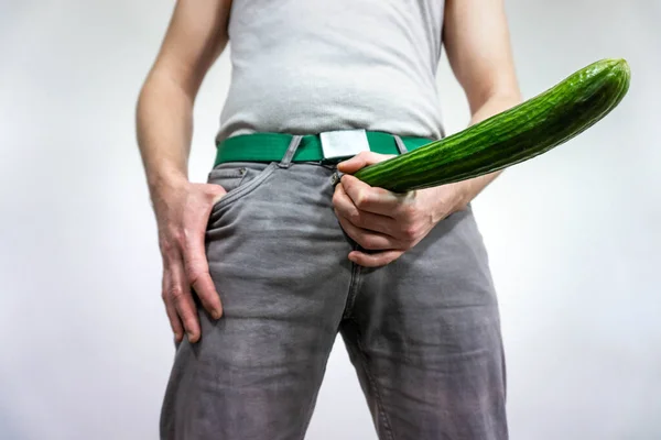 Man Imitates Penis Cucumber Concept Men Health Potency Large Size — Stockfoto