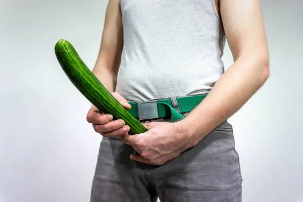 Man Imitates Penis Cucumber Concept Men Health Potency Large Size — Stock Photo, Image
