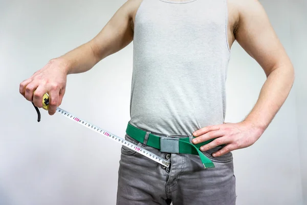 Man Measure His Penis Measuring Tape — Fotografia de Stock