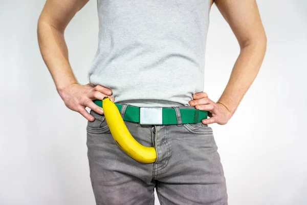 Man Imitates Penis Banana Concept Men Health Potency Large Size — 스톡 사진