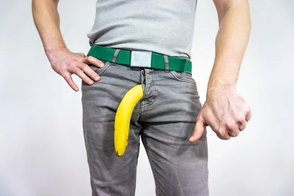 Man Imitates Penis Banana Concept Men Health Impotency — Stockfoto