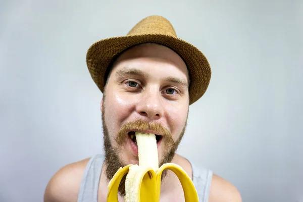 Vousatý Muž Gay Klobouk Sexuálně Banán — Stock fotografie
