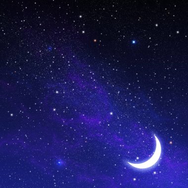 Yarım ay ile gece gökyüzü arka planı. Karanlık gökyüzünde yıldızları olan güzel bir ay. Hilal şeklinde siluetli uzay manzarası. Koyu mavi yıldızlı gökyüzü. Yüksek çözünürlük Ay ışığı. Gece yarısı.