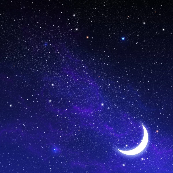 Night sky background with half moon. Beautiful moon with stars on a dark sky. Space landscape with silhouette crescent moon. Dark blue starry sky. High resolution. Moonlight. Midnight.