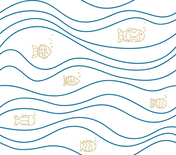 Patrón blanco sin costuras con peces dibujados y olas. Fondo marino abstracto vectorial. Dibujo simple de los bebés, Papel pintado, textura . — Vector de stock