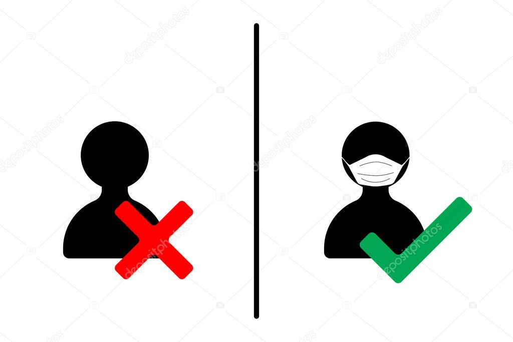 No face mask, no entry to protect against Coronavirus. Vector illustration with silhouette people, quarantine, social distancing, instruction.