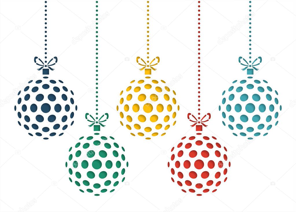 Vector set of color christmas balls drawn by dots. Template for laser cutting. Greeting card for new year celebration. Christmas card.