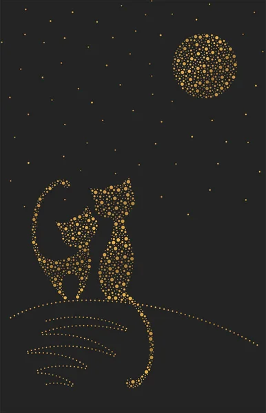 El gato y el gato se sientan por la noche y admiran las estrellas. Una pareja enamorada. Imagen vectorial dibujada con puntos para una tarjeta de felicitación o invitación. Una cita bajo la luna llena. Siluetas doradas de dos gatos. — Vector de stock