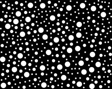 Noktasız desen. Farklı boyutlarda noktalı vektör şablonu. Tekstil için tek renkli doku. Yıldız uzayının basit bir gösterimi. Büyük ve küçük benekli arka plan. Siyah ve beyaz.