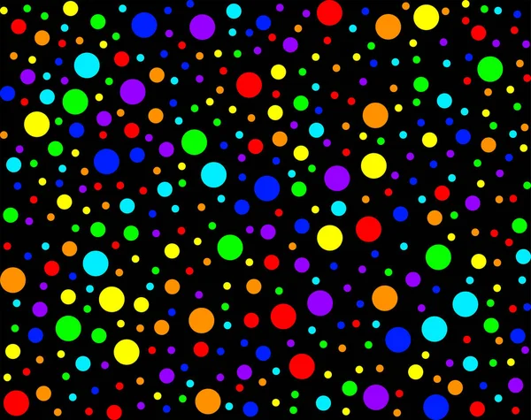 Fondo de vector colorido. Patrón sin costuras para la tarjeta de felicitación. Arco iris en color negro. Estampado punteado brillante para textiles. Puntos de color de diferentes tamaños. Pequeño y grande confeti para la fiesta de año nuevo. — Vector de stock