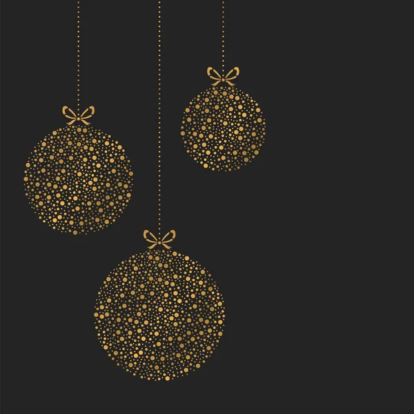 세 개의 크리스마스 장식이 달려 있다. 벡터 일러스트. 점으로 그린 황금색 크리스마스 장식으로 장식 된 인사말 카드. — 스톡 벡터