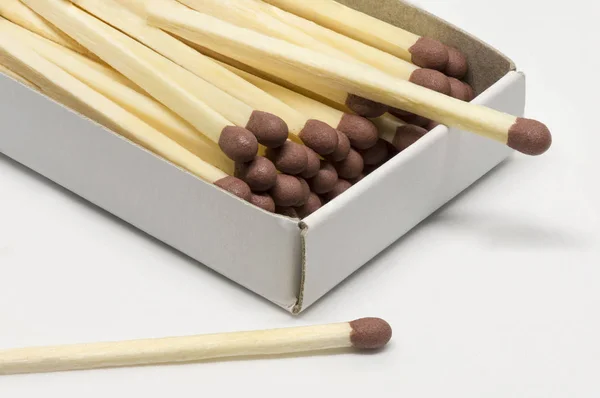 A close-up of wooden matches in a box