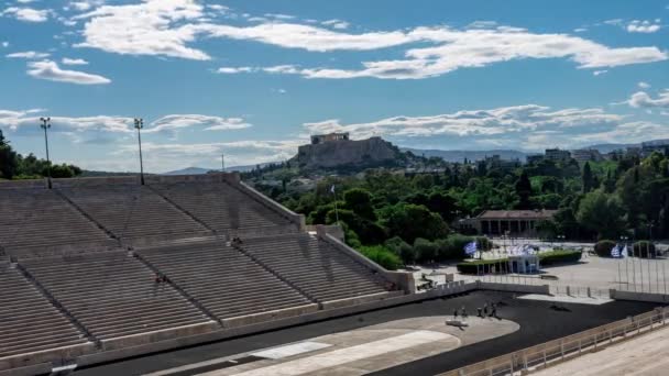 Estadio Panathenaic Lapso Tiempo Con Vista Acrópolis — Vídeos de Stock