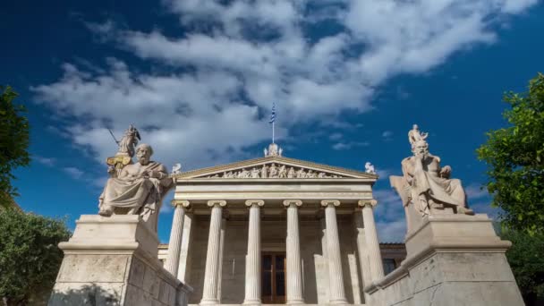 Vista Frontal Academia Atenas Com Estátuas Sócrates Platão Atena Apolo — Vídeo de Stock